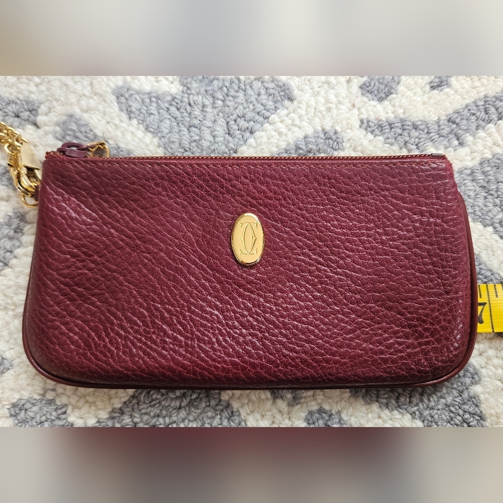 EUC Vintage Must de Cartier Bordeaux Leather Coin Purse Wristlet w/ Chain & Card - Picture 11 of 14
